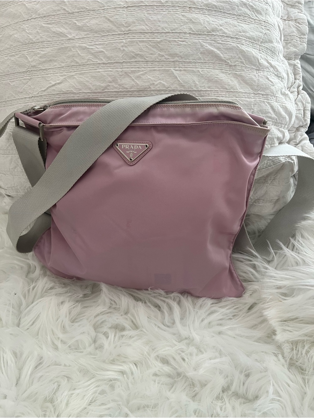 Prada Light Pink Nylon Crossbody Bag with Gray Strap